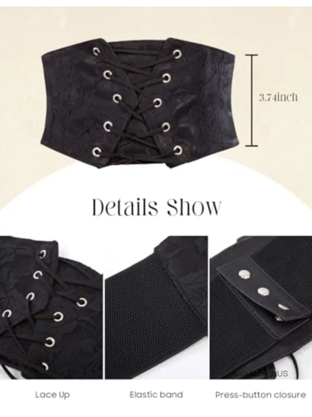 Wide Corset Waist Belt with Lace-Up and Press Button Closure for Renaissance